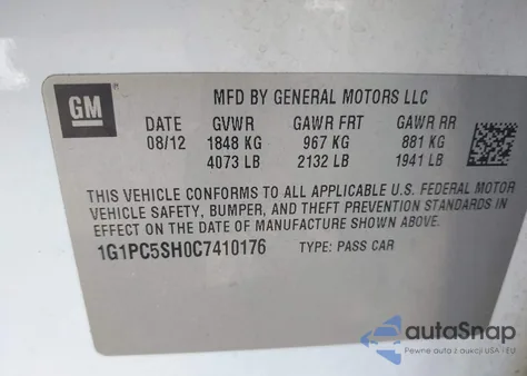 2012 Chevrolet Cruze Ls from USA, damaged, VIN 1G1PC5SH0C7410176